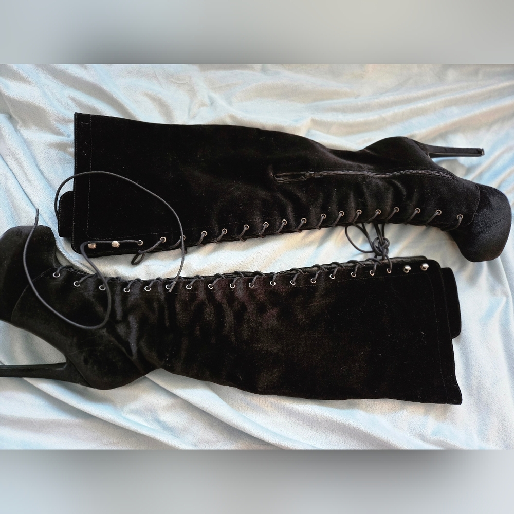 Black Velvet Lace-Up Over-the-Knee Heeled Boots - Picture 1 of 4